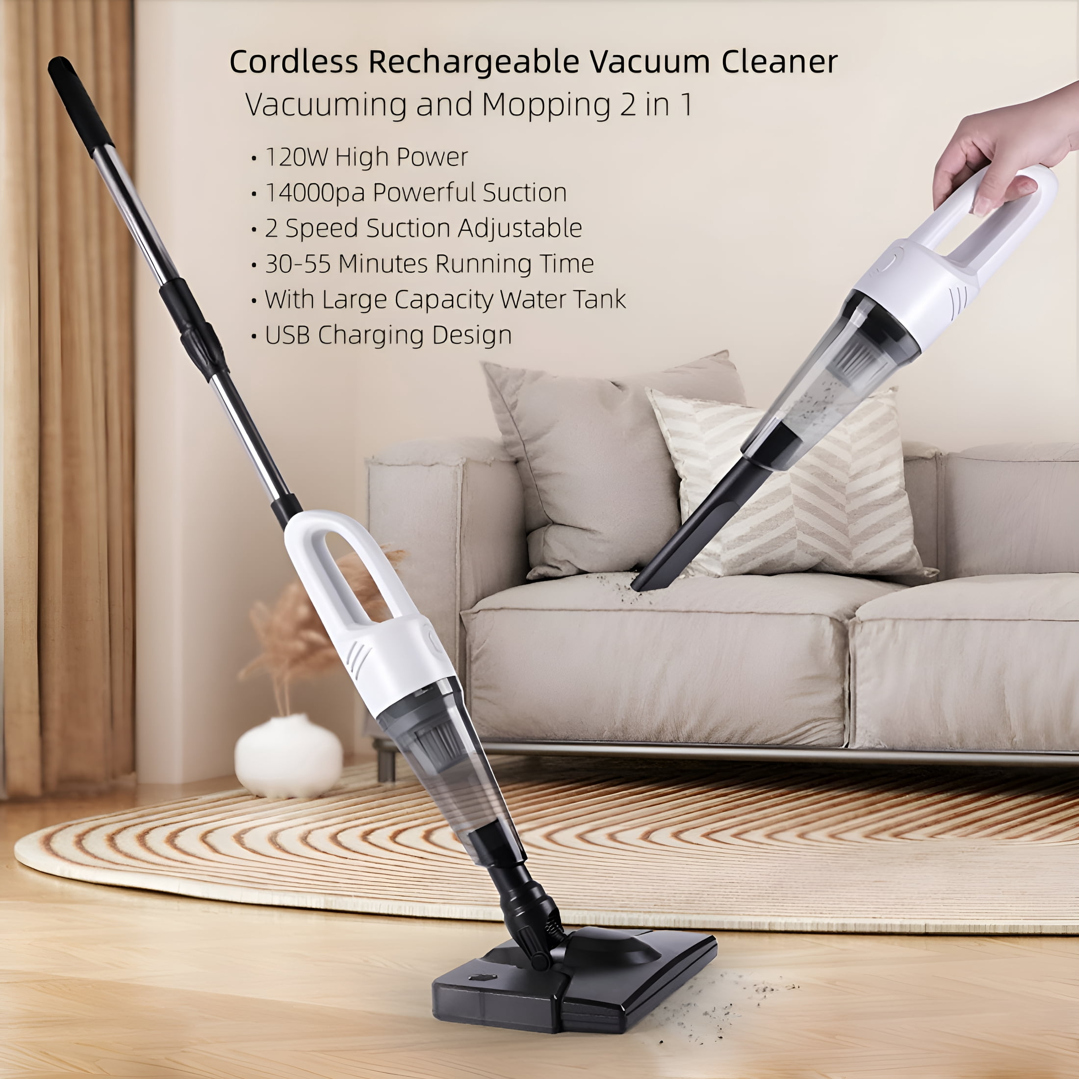 CURYMAY Cordless Stick Wet Dry Vacuum Cleaner with Mop,14000Pa Suction Lightweight Stick Vacuum Mop All in One,2 Speeds Adjustable,Household Upright Vacuum Cleaner and Mop Combo for Hard Floor Pet