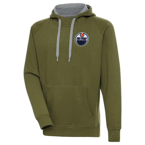 Men's Antigua Olive Edmonton Oilers Victory Pullover Hoodie