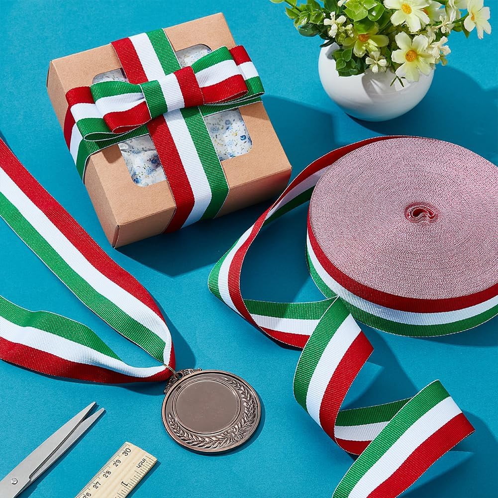 PH 1.57 Inch Stripes Ribbon 50 Yards Red White Green Grosgrain Ribbon Italian Flag Patriotic Double Face Striped Ribbon for Gift Wrapping Crafts Party Christmas Decoration Colorful