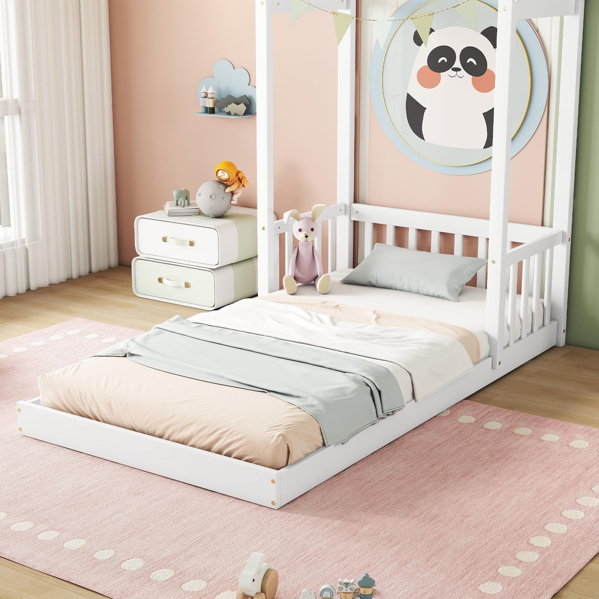 PORKISS Twin Size Floor Bed for Kids, Wood Montessori Bed with House-shaped Roof, White