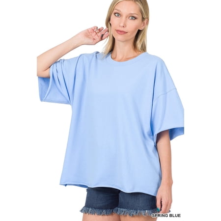 Zenana Plus Cotton French Terry Drop Shoulder Raw Edge Relaxed Casual Solid Tee Shirt Top price history on PriceWatchPro