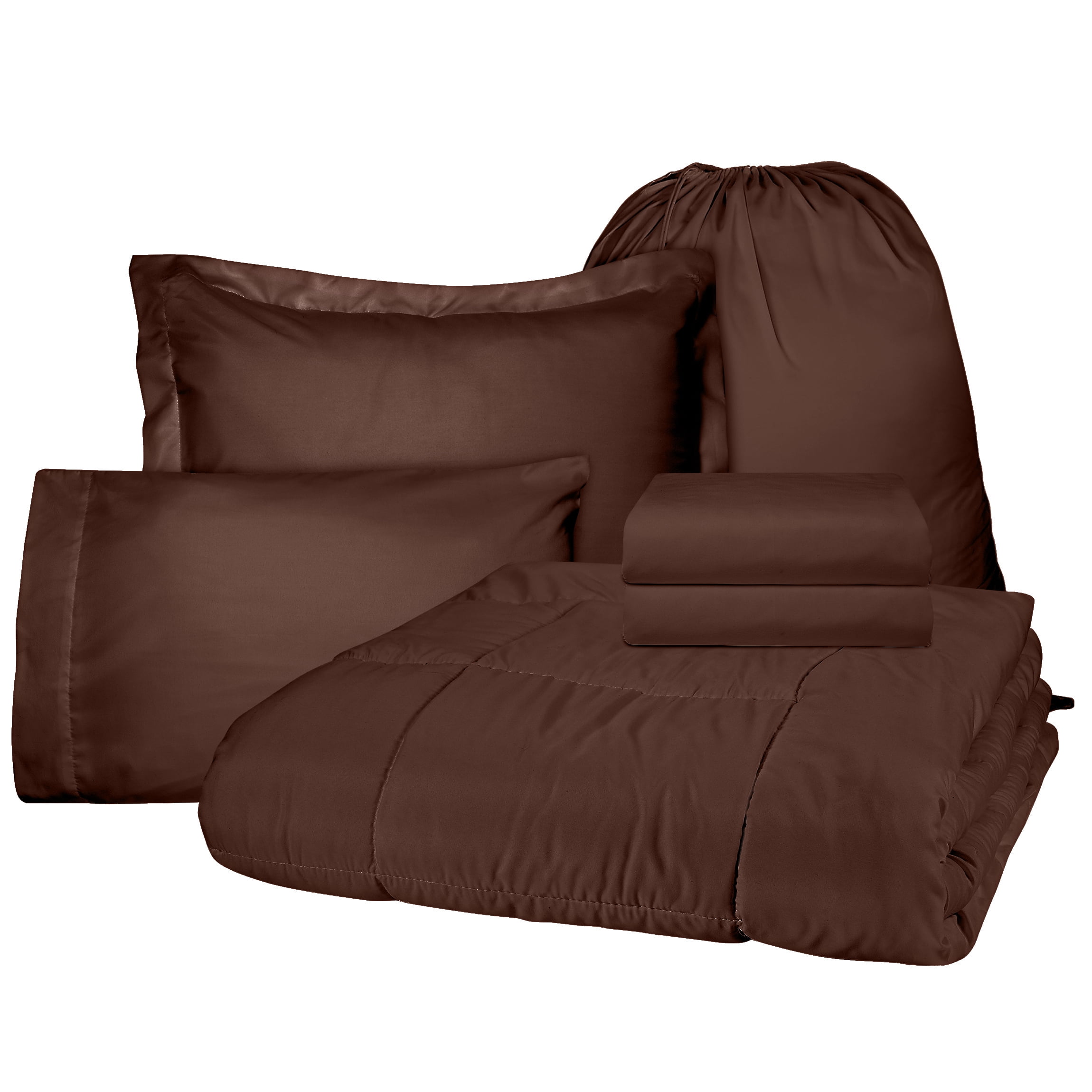 Twin XL Bed In A Bag 6pcs Bedding - Comforter Set, Chocolate Brown, - College School Dorm bedroom Value Essential Bundle, Includes Flat and Fitted Sheets, Pillowcase, Pillow Sham and Laundry Bag