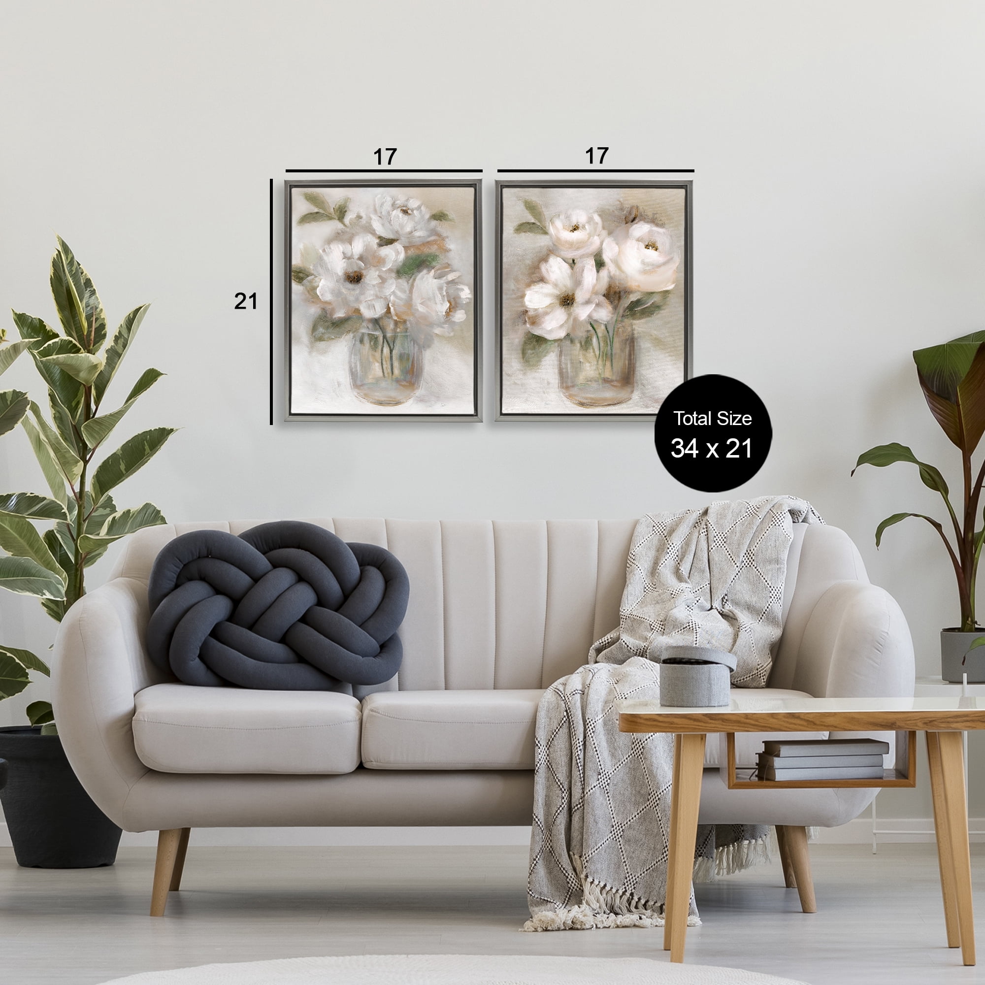 Stupell Industries Brushed White & Beige Roses 2 Piece Gray Framed Floater Canvas Set, design by Nan