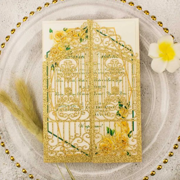 Bolsillo cortado con láser plegable, tarjetas de invitación de boda, sobre de compromiso, felicitación, color rosa, dorado, melocotón, corazón, purpurina, puerta hueca, 1 unidad