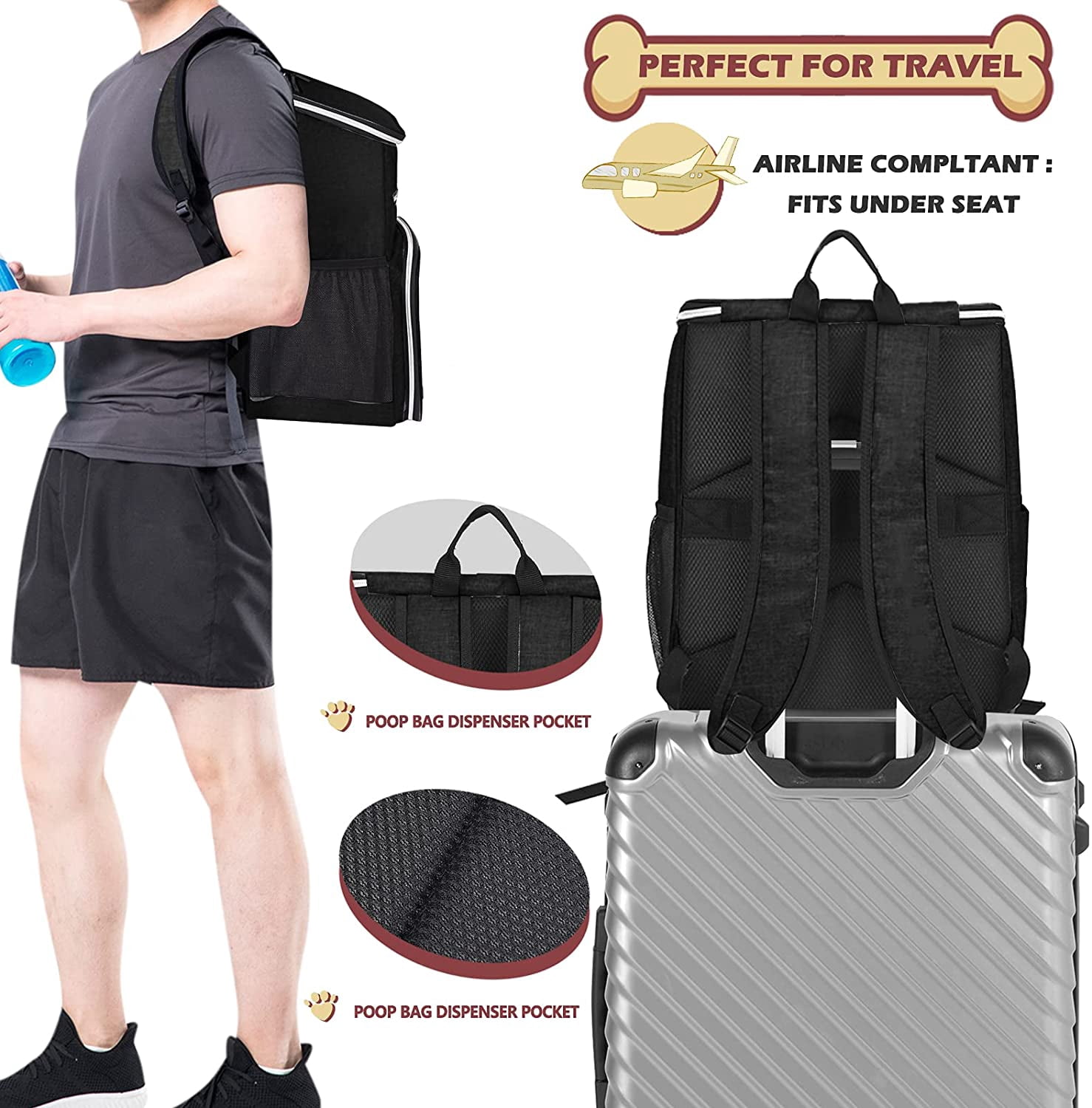丨Dog Travel Bag Backpack, Airline Approved Pet Supplies Backpack, Dog Travel Bag with 2 Silicone Collapsible Bowls and 2 Food Baskets, Black
