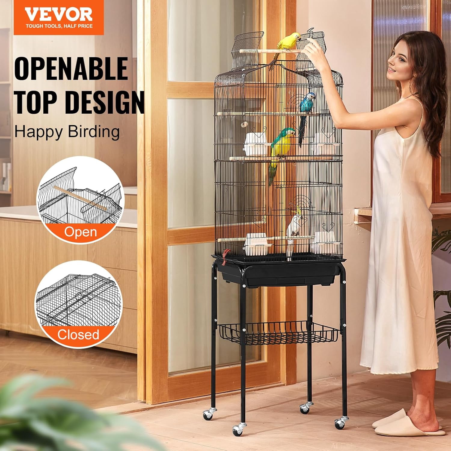 64-inch Open Top Large Parrot Bird Cage with Detachable Rolling Stand for Parakeets Finches Canaries Lovebirds Cockatiels Budgies Small Quaker Conures Flight Birdcage with Swing and Perch
