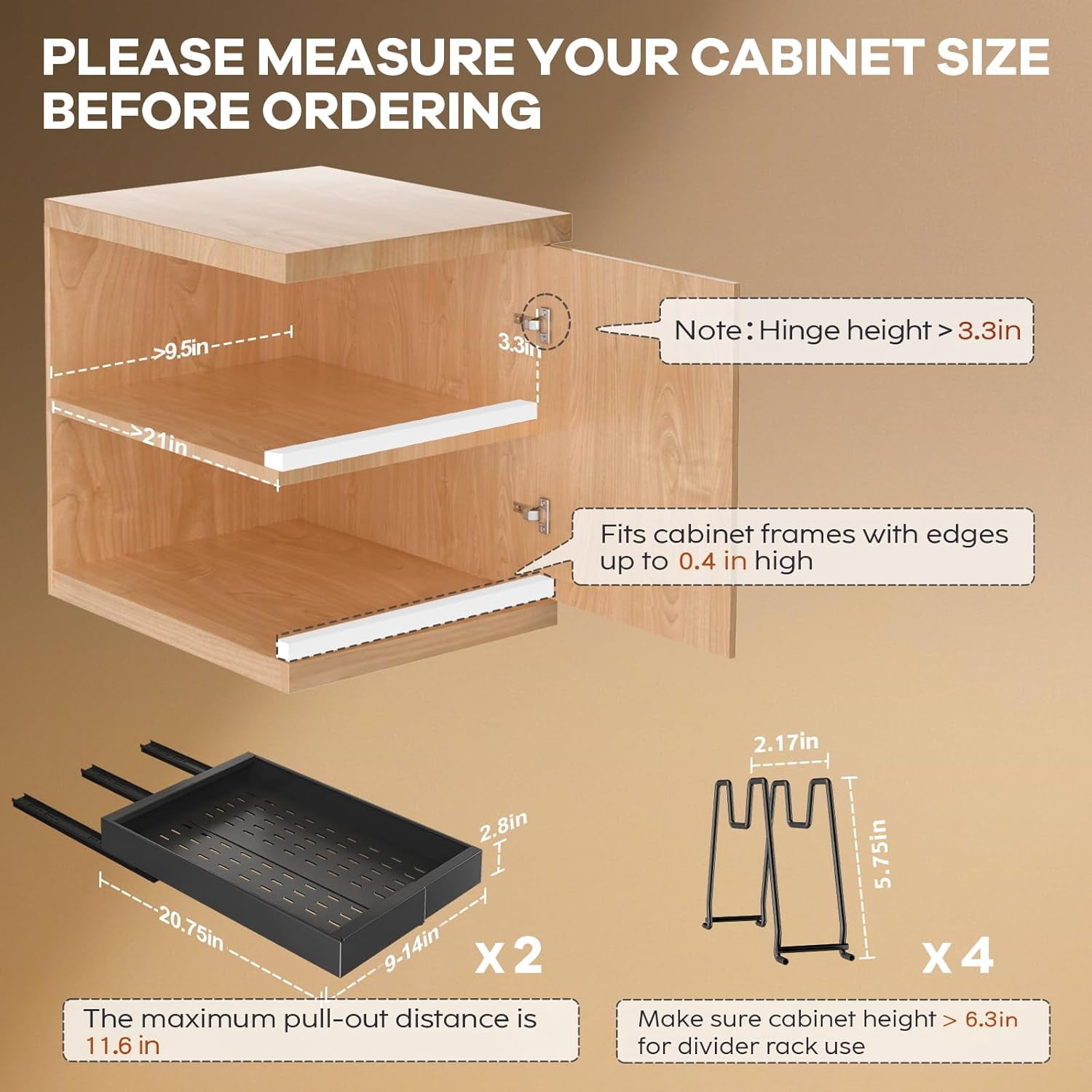 2 Pack Pull out Cabinet Organizer 21" Deep With Raising Pad for Framed Cabinets, Expandable (9"-14" W) Slide out Drawers for Kitchen Cabinets with 4pcs Divider Racks, Roll out Shelves, Black