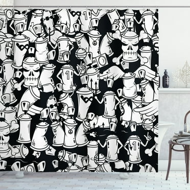 Urban Graffiti Shower Curtain, Anthropomorphised Graffiti Spray Can Sport Characters and Skull Figures, Fabric Bathroom Set with Hooks, 69W X 70L Inches, Black and White, by Ambesonne