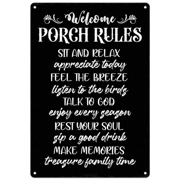 Porch Rules Sign Patio Welcome Metal Signs Retro Wall Art Decor for Home Patio Front Door Farmhouse Garden Deck 12x8 Inch Aluminium Hanging Plaque