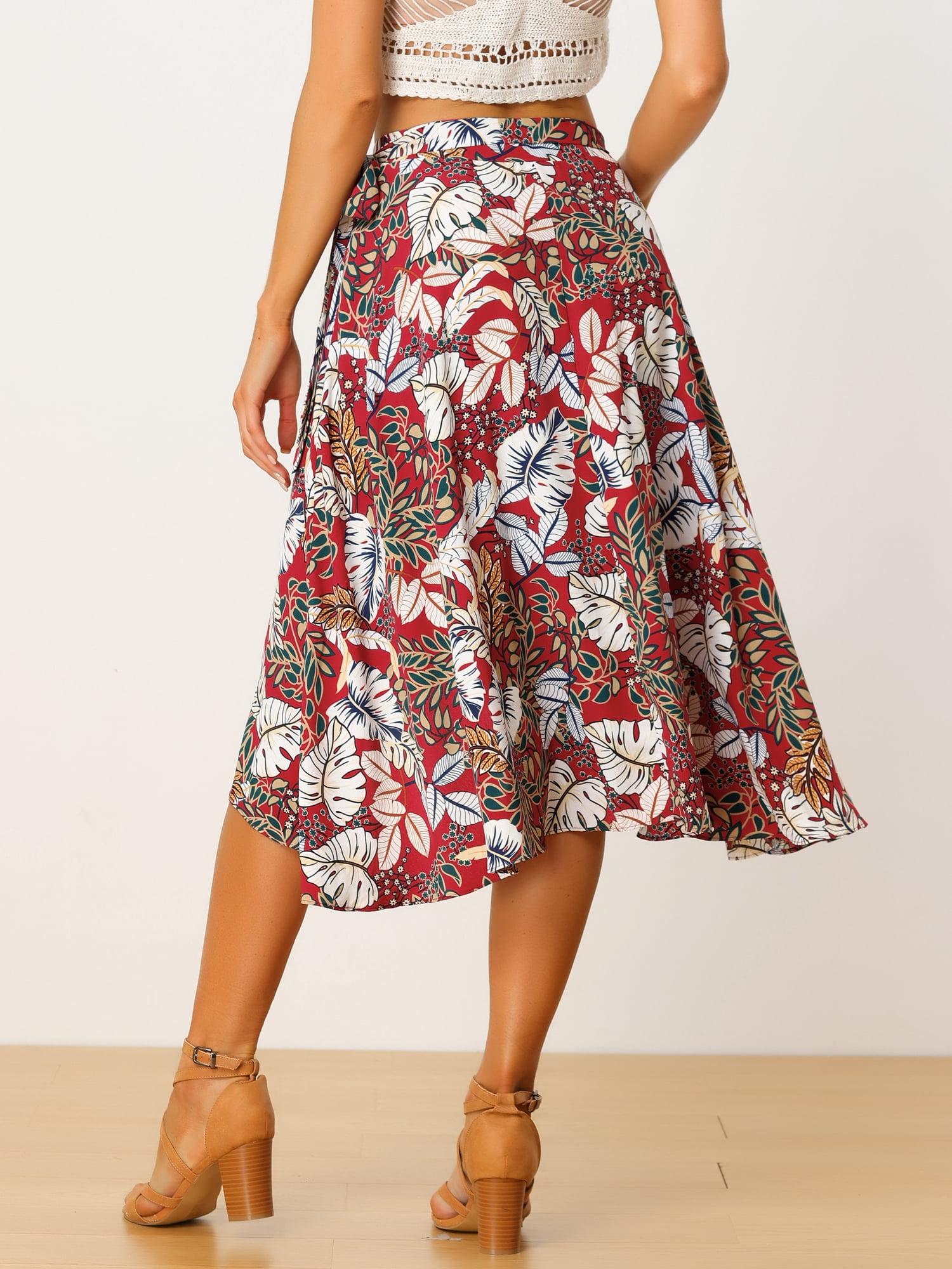 DARING DIVA Women's Floral Tropical Boho Midi Wrap Skirt L Red