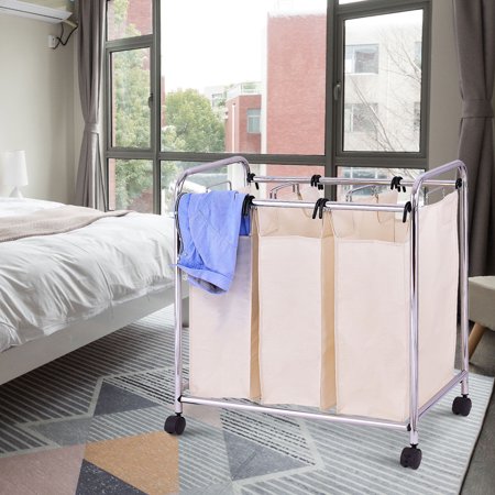 Gymax Laundry Cart Basket Triple Bag Clothes Storage