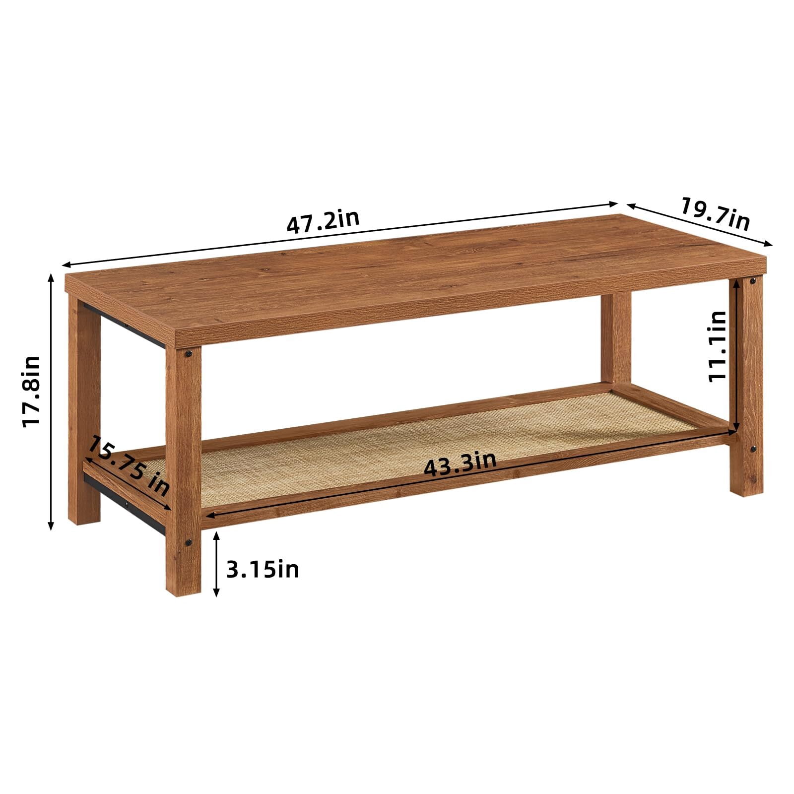 Buildhom Boho Rattan Coffee Table with Woven Open Shelf, Natural Wood Center Table for Living Room, Tea Color