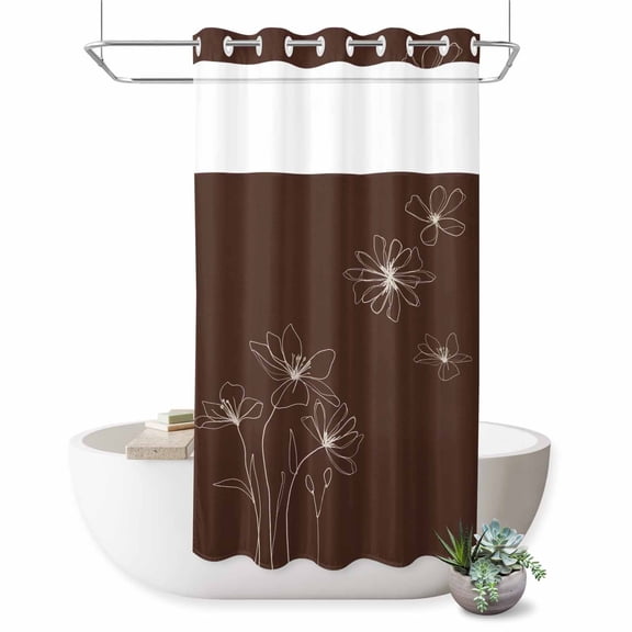 No Hook Shower Curtain, Brown Floral Shower Curtains for Bathroom with See Through Top Window, Spring Flower Waterproof & Washable Bath Curtain Stand Up Stall 36"x72"