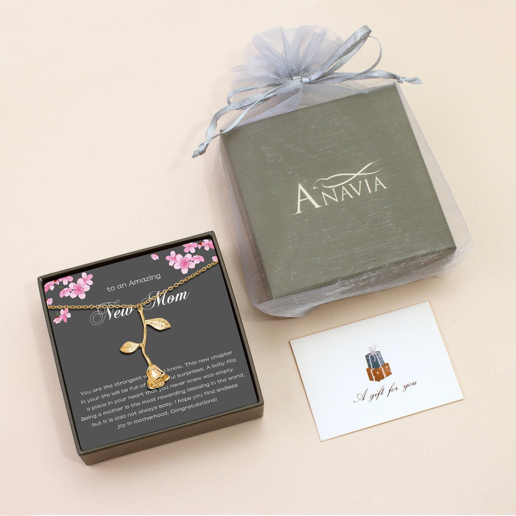 Anavia "To An Amazing New Mom" Mother's Day Rose Necklace With Gift Card, 1st mothers day gift for new mom [Gold]
