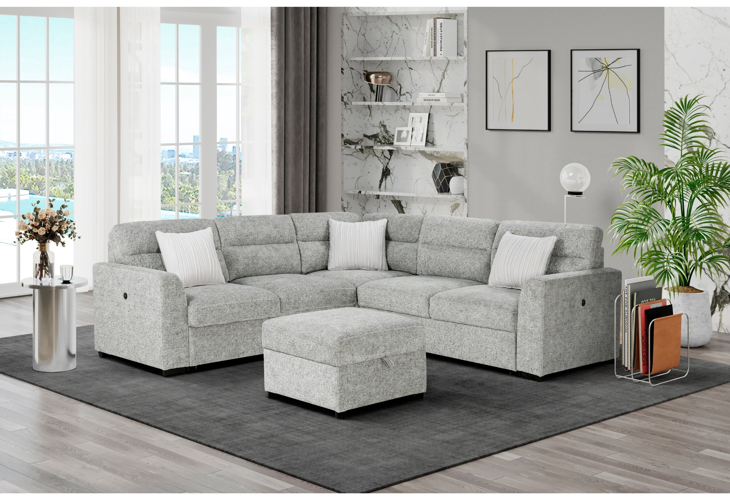 Global Furniture USA Contemporary Nickel Sectional With 3 Pillows And Ottoman