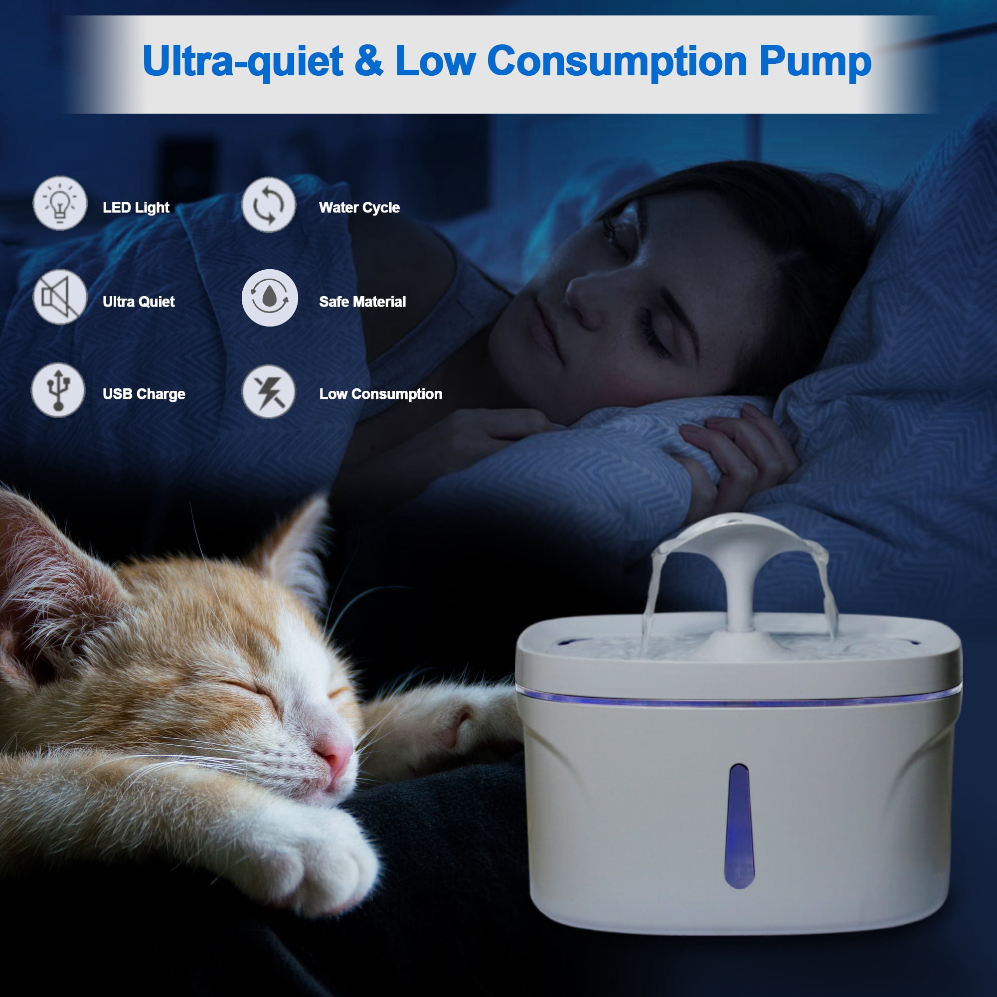 Ultra Quiet Cat Water Fountain, 84oz/2.5L Large Capacity, 2 Replacement Filters Water Dispenser, 3 Flow Design, Multiple Pets