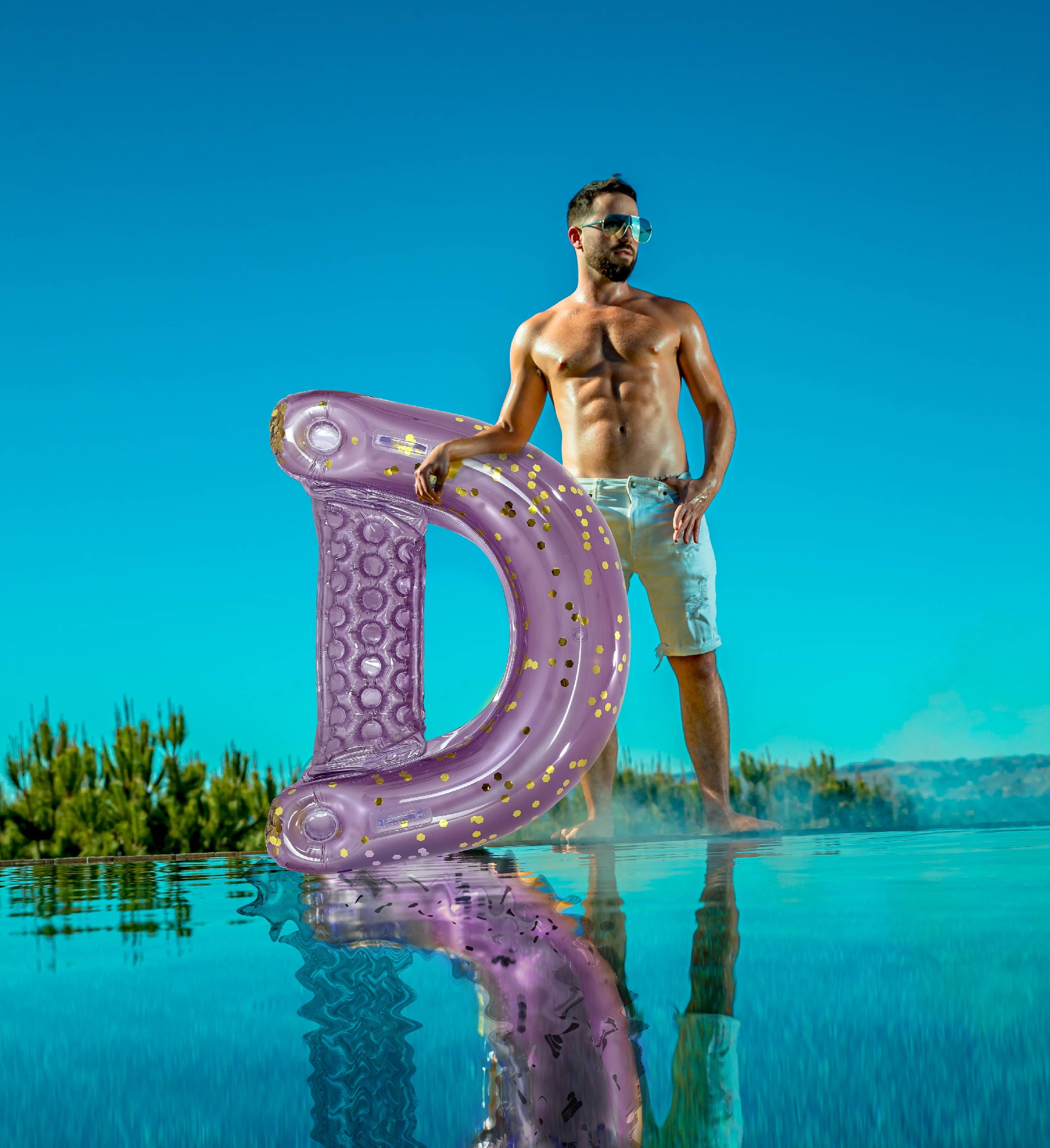 POZA Inflatable Pool Float Chair - Sparkle Confetti Lounge Inflatable Pool Floats, 2 Built-In Cup Holders and Handles, Adult Lounger Floating Chair for Beach, Lake - 48x38 Inches - Purple Gold