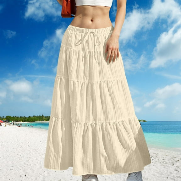 Zunfeo Boho Skirts for Women Elastic High Waisted Pleated Skirts A-line Maxi Prairie Skirt for Vacation Beach Beige XL
