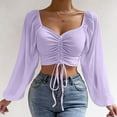 thumbnail image 2 of HAiming Blouse for Women Solid Color V Neck Drawstring Ruched Lantern Sleeve Crop Tops 2025 Trendy Fall Casual Shirts, 2 of 9
