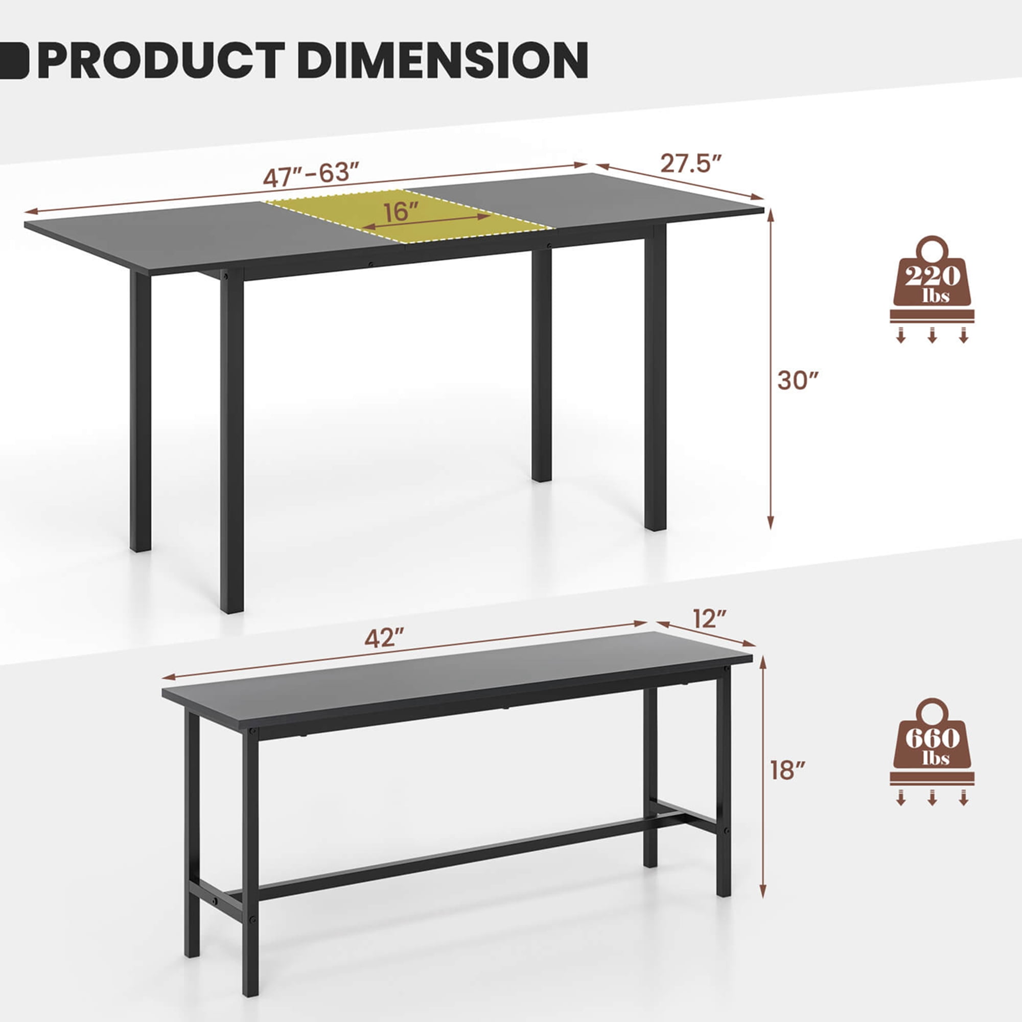 Costway 3 Piece Dining Table Set for 4-6  63"Kitchen Table with 2 Benches Metal Frame Black