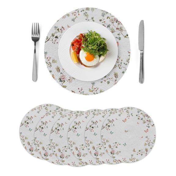 Vintage Botanical Round 15 Inch Placemats Set of 6, Spring Floral Botterfly Summer Flower HeatResistant Non Slip Place Mats for Dining Table, Wipeable Braided Kitchen Table Mats for Housewarming