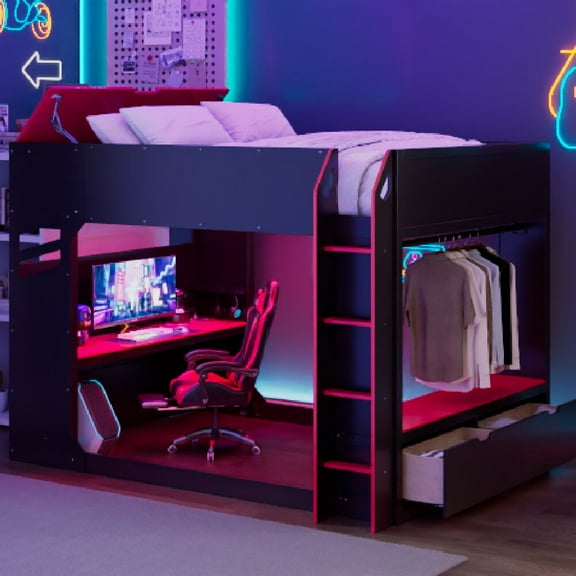 Full Size Loft Bed Frame with Height-adjustable Desk and Drawers, LED Lights Wood Loft Bed with Storage Compartments and Hanging Rod for Bedroom, Apartment, Dorm, Mattress Not Included, Red