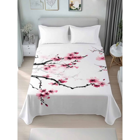 Cherry Blossoms Twim Size Flat Sheet, Wrinkleproof & Fadeproof Cooling Flat Bed Sheet Only, Pink Pastoral Modern Gradient Spring Breathable Soft Bedding Top Sheets 66 x 96 Inches