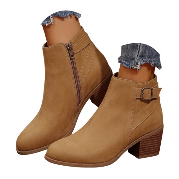 YLYL Ankle Booties for Women with Buckle Strap Chunky Block Heel Side Zipper Fall Winter Short Boots