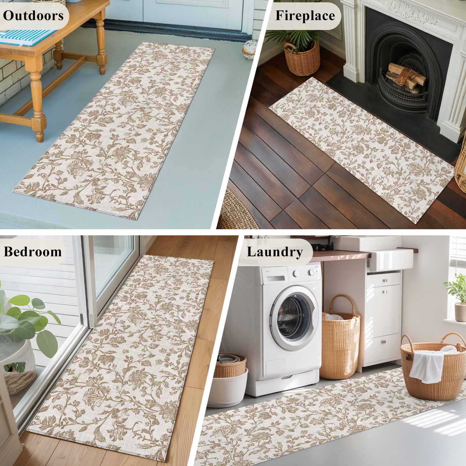 Farmhouse Khaki Runner Rug 2x6 FT, Non Slip Hallway Carpet, Vintage Flower Leaf Botanical Plant Washable Soft Floor Carpet Throw Runner Carpet Long Rug for Entryway Kitchen Bedside Sliding Door