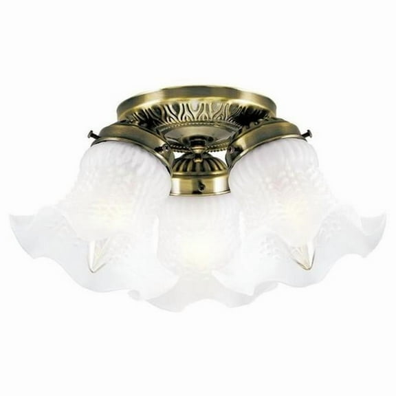 Westinghouse Lighting Westinghouse Three-Light Flush-Mount Interior Ceiling Fixture, Antique Brass Finish with Frosted Ruffled Edge Glass
