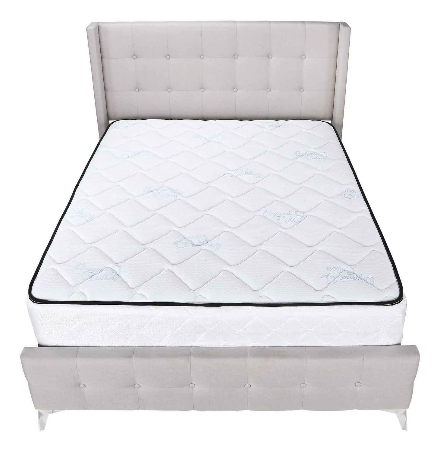 Monarch Specialties Bed, Queen Size, Platform, Bedroom, Frame, Upholstered, Linen Look, Metal Legs, Beige, Chrome, Transitional