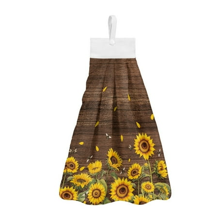 

ZIATUBLE Sunflower Bee Hanging Hand Dry Towels Wooden Stripes Hanging Kitchen Dish Towel Easy to Clean Hanging Hand Towels with Loop Breathable Dish Towel Hand Towels Tie Towel