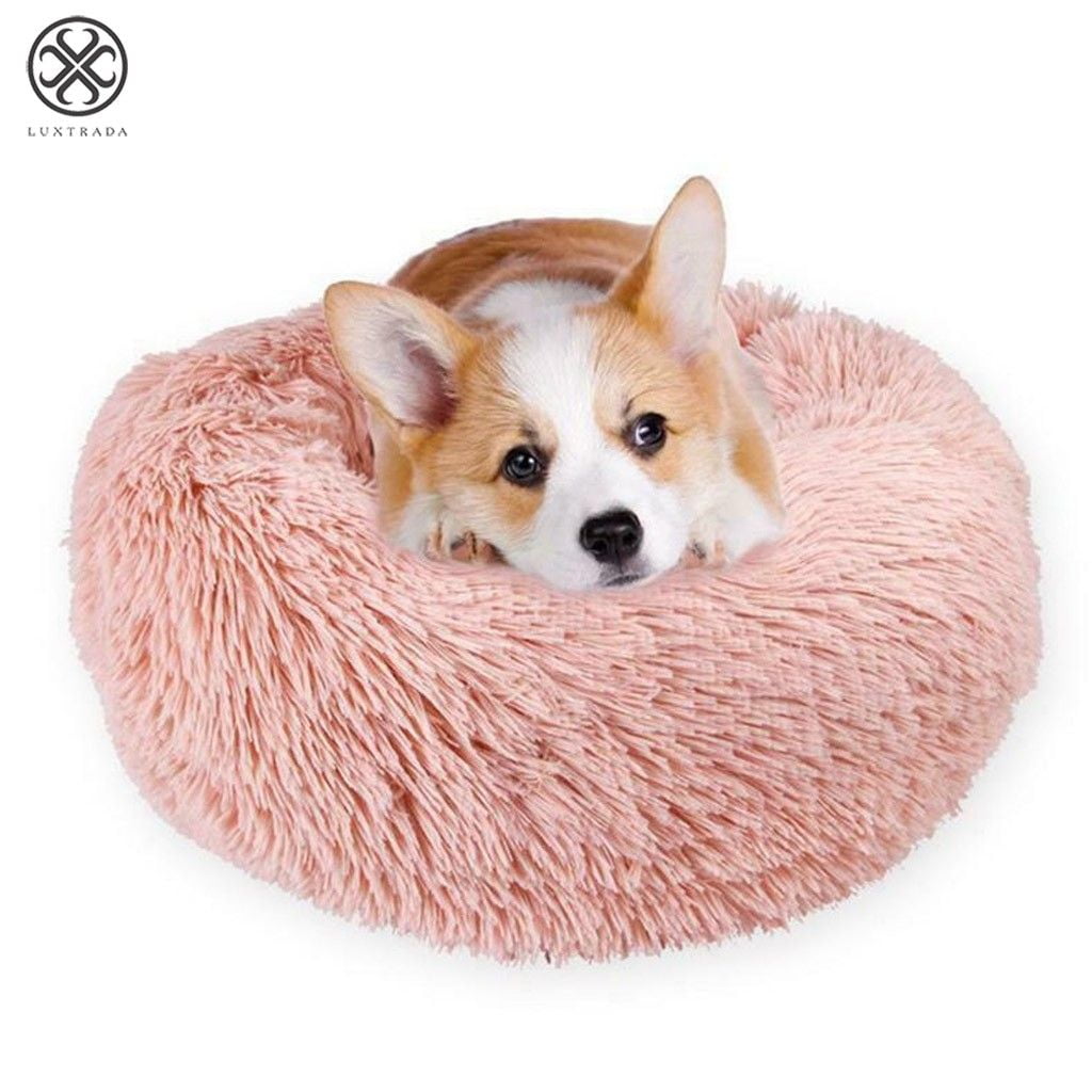 Luxtrada Original Cat and Dog Bed Luxury Shag Fur Donut Cuddler Round Donut Dog Beds Indoor Pillow Cuddler for Medium Small Dogs (L,Pink)