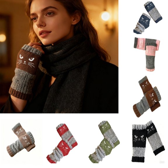 YOTQUSKI Fingerless Gloves Womens, Women Gloves Winter, Warm Gloves, Womens Winter Gloves Touchscreen, Cold Weather Thermal Embroidery Splicing Knitted Glove, Cute Cat