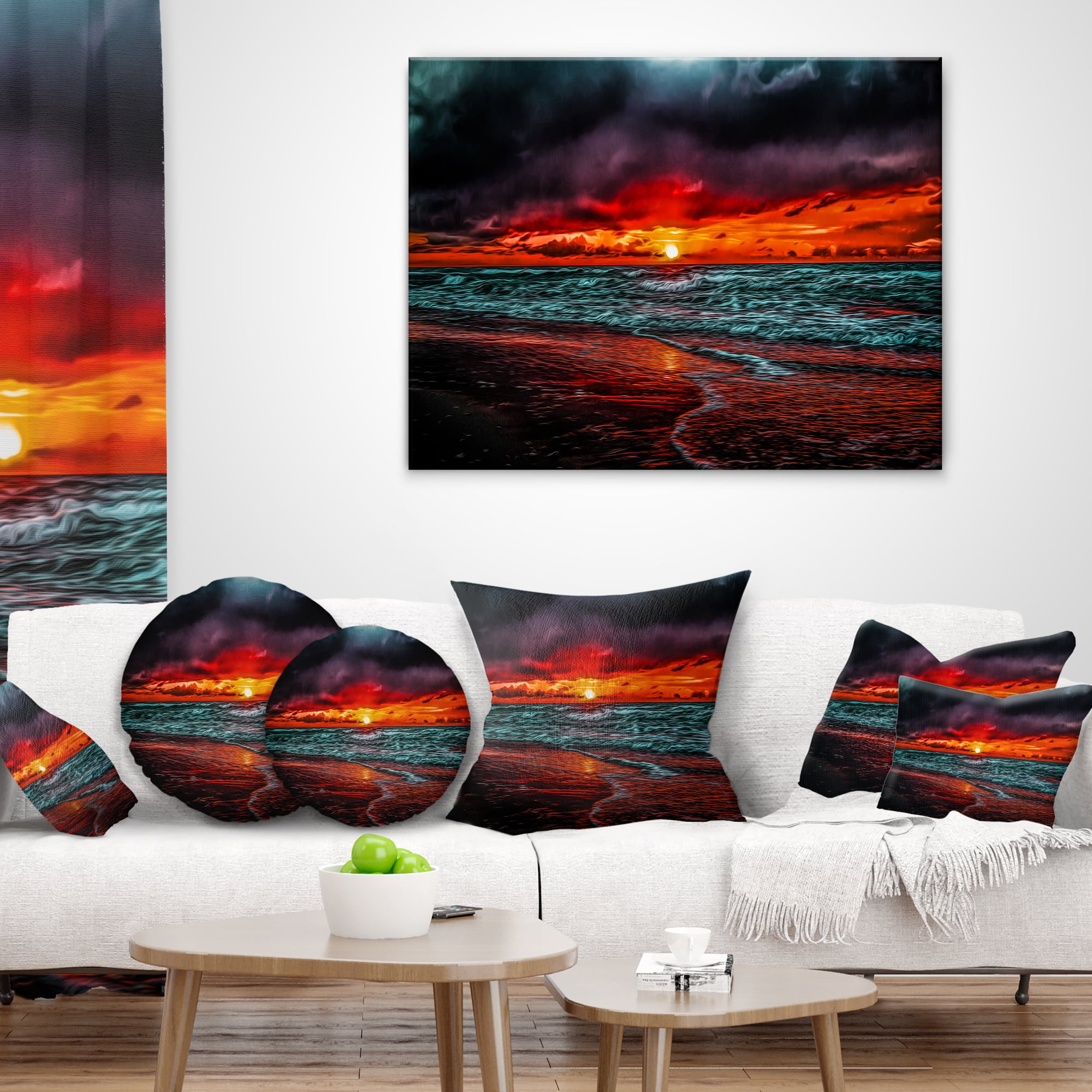 Designart Red Sunset over Blue Waters - Seascape Throw Pillow - 12x20