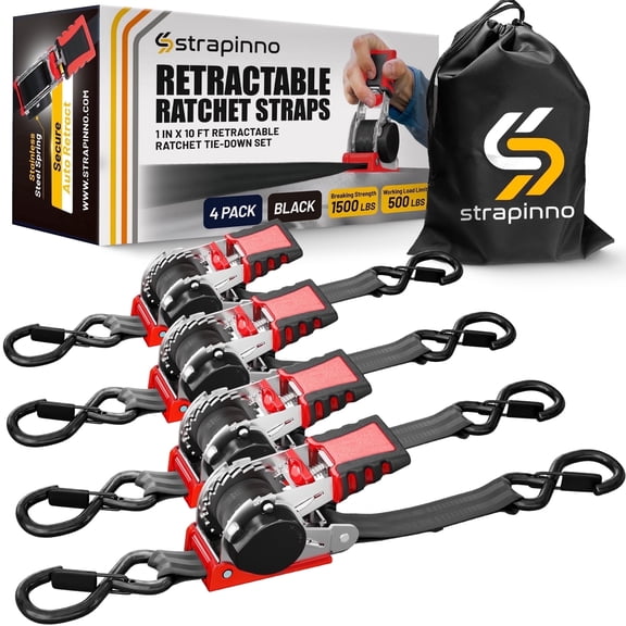 Strapinno Retractable Ratchet Straps 1 in x10ft, with Rubber-Coated Handles, S-Hooks, Secure Cargo Tie-Downs for Motorcycles, Bikes & Daily Use, Breaking Strength -1,500LBS/680KG (4 PK)