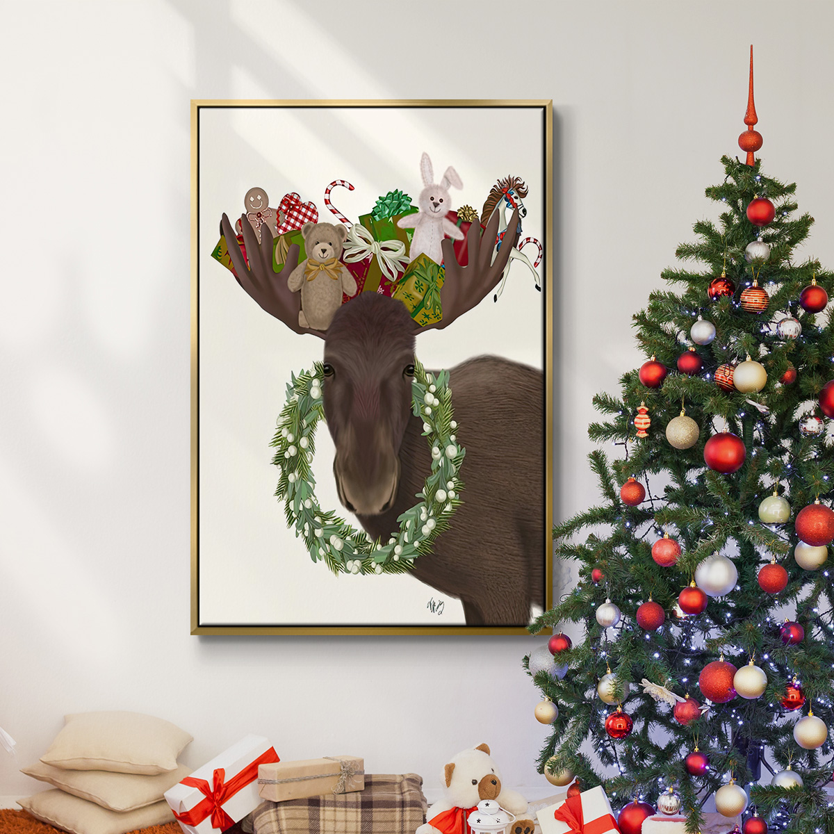 Christmas Moose and Christmas Gifts - Framed Gallery Wrapped Holiday Canvas - 27 x 41 - Gold Frame