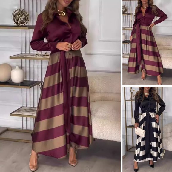 Lady Commuting Dress - Turn-down Collar A-line Striped Print Big Swing Long Sleeves Lace-up Tie Waist Formal Business