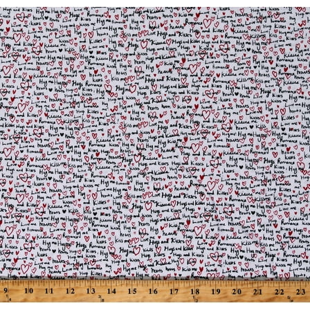 Cotton Hugs and Kisses Love Hearts Romance Valentine's Day Words Phrases White Cotton Fabric Print by the Yard (FUN-C1205-WHITE)