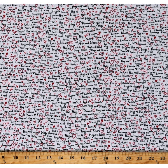 Cotton Hugs and Kisses Love Hearts Romance Valentine's Day Words Phrases White Cotton Fabric Print by the Yard (FUN-C1205-WHITE)