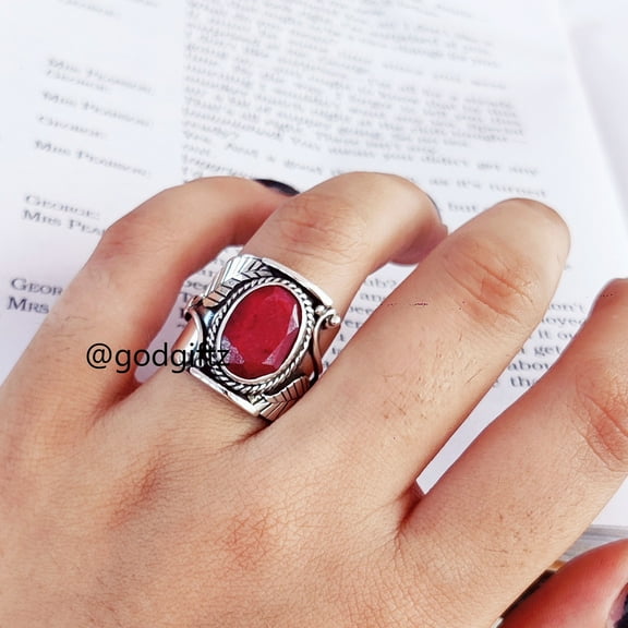 Handmade Ruby Ring: Sterling Silver Leaf Design Solitaire