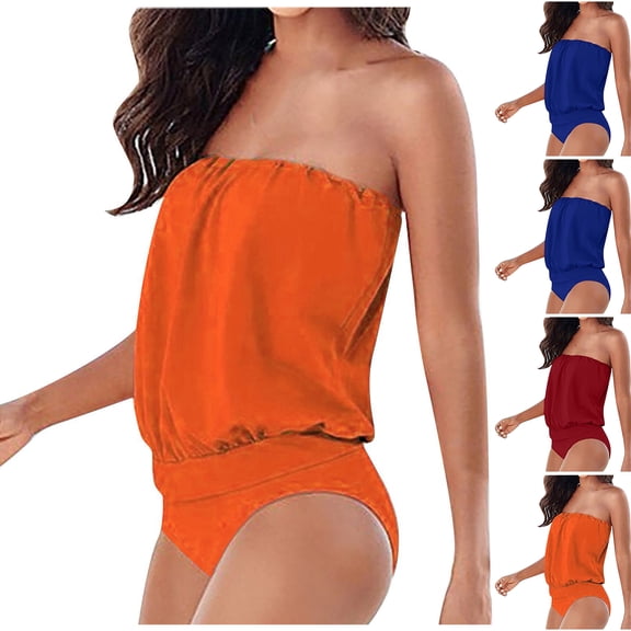 2026 New Women's One Piece Swimsuits Tummy Control -Slimming Bathing Suit Neon 1 Piece Beach Outfit Sexy Sport Swim Suits, Fashion Women Tube Top Off Shoulder Bikini Sexy Swimsuit (Orange, Large)