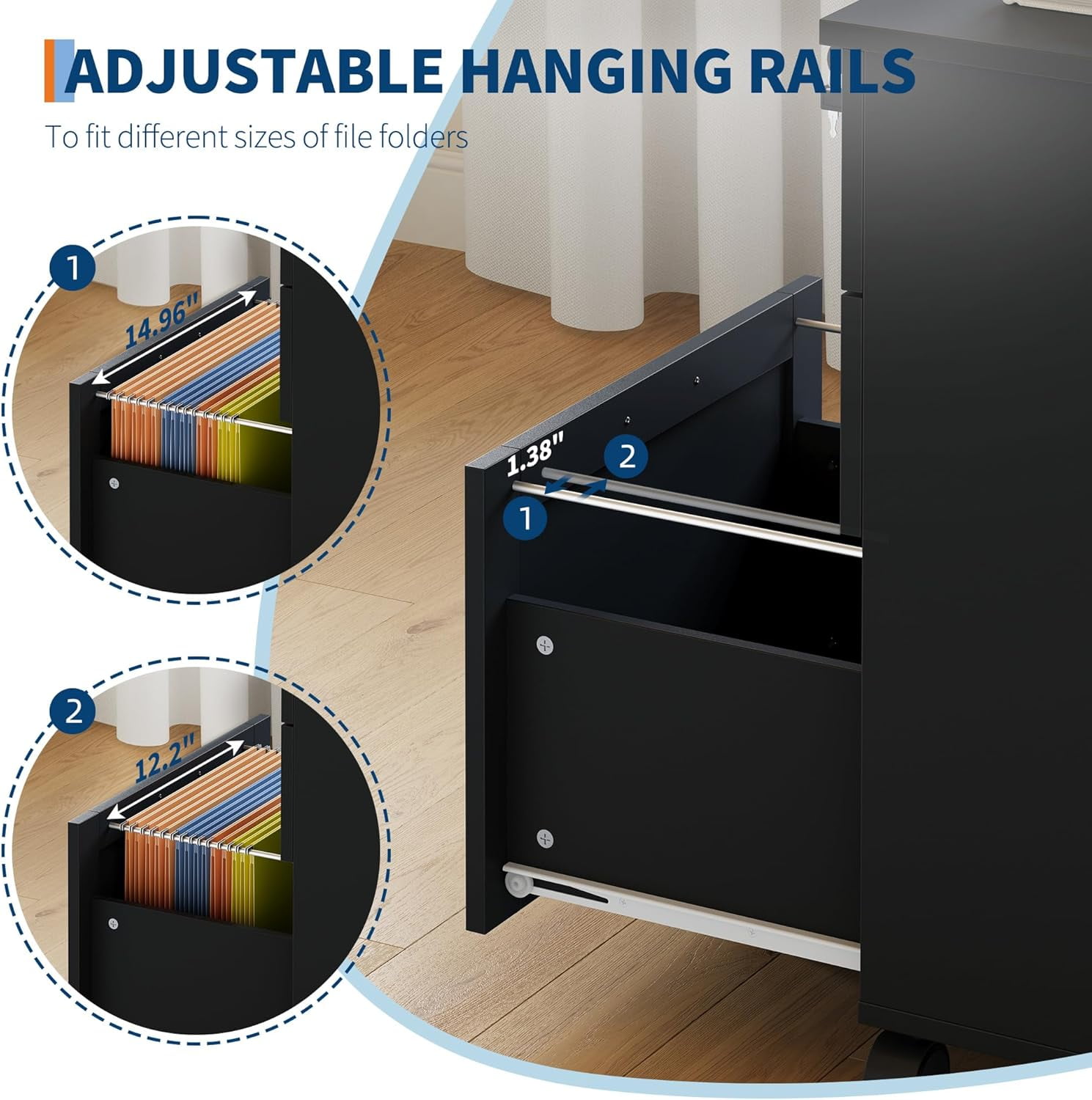 3-Drawer File Cabinet with Lock, Mobile Under Desk Filing Cabinet for Home Office, Wood Storage Organizer for Letter/a4/Legal Size Documents, Black
