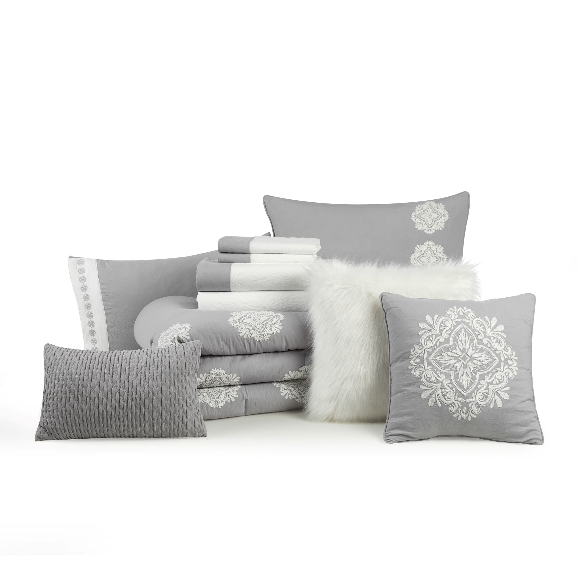 Better Homes & Gardens Silver Medallion 12 Piece Pre-Washed Bed in a Bag Comforter Set, King – Perfect for Adults