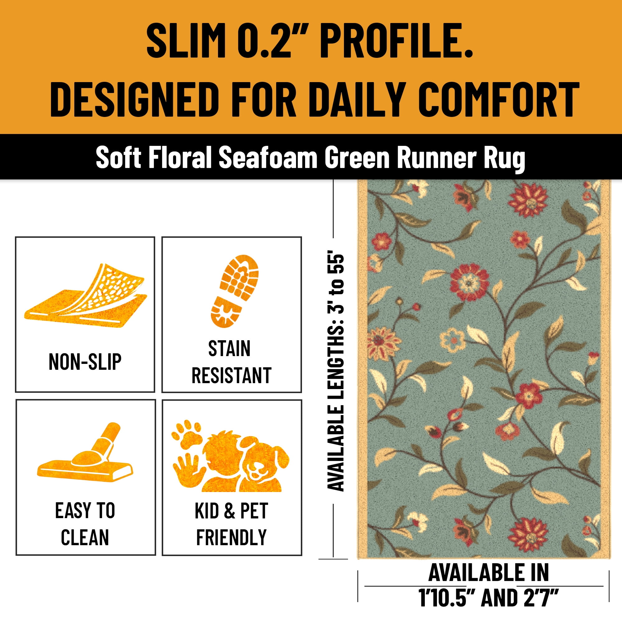 Ottomanson Extra Long Runner Rug 2'7" x 19' – Non-Slip Low Pile Hallway Carpet, Floral Seafoam Green