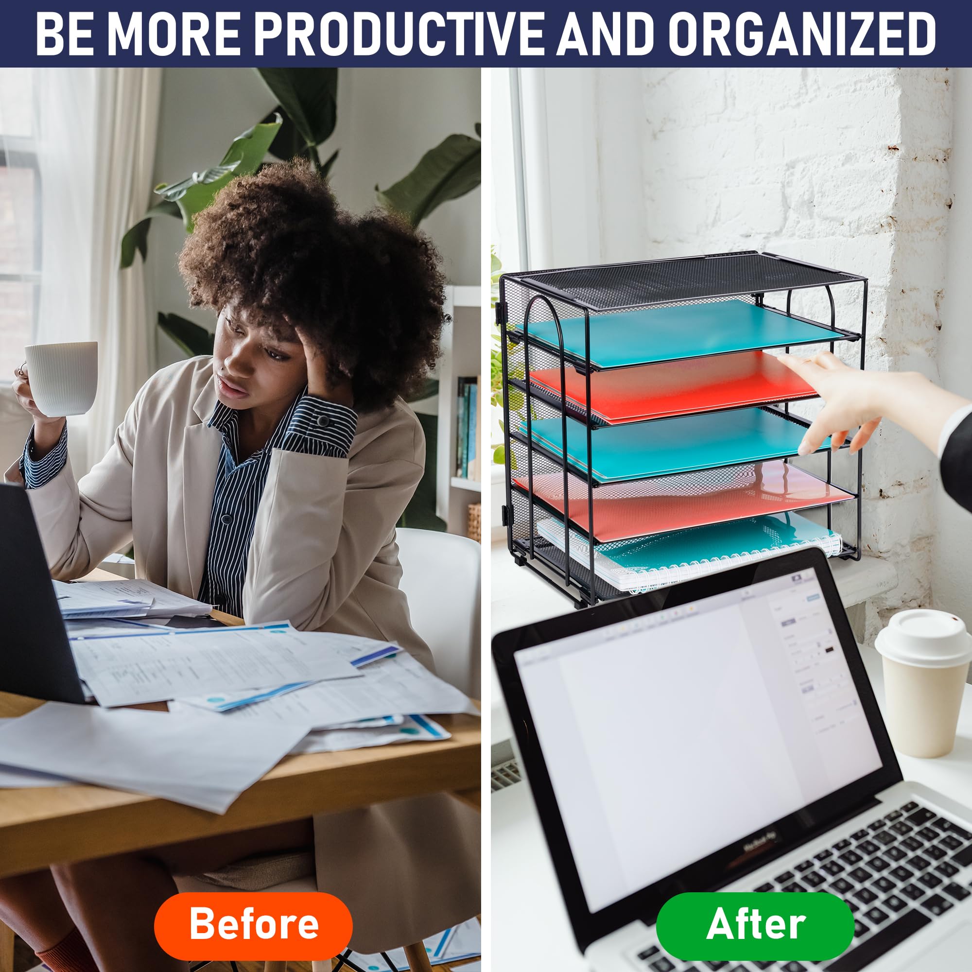 Desk Organizer Tray, Letter Tray in Black Metal Mesh for Organizing Files, Papers, Bills, Folders, Letters, and Binders. Desktop Paper Rack for Home, Office, or School (5 Tier - New)