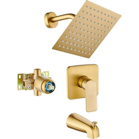 Brushed Gold Tub Shower Faucet Set Complete with 8-Inch Rainfall Shower Head and Tub Spout Included Shower Valve Tub Shower Trim Kit Matte Black