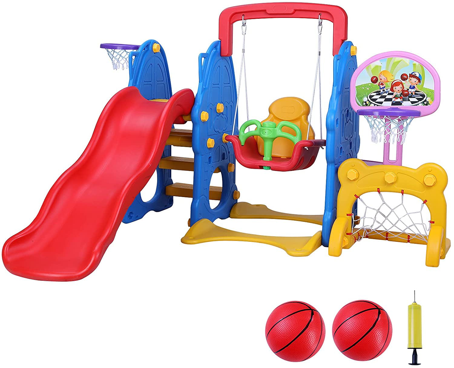 Toddler Slide and Swing Set Slide 5 in 1 Basketball Hoop Indoor Playground Play 