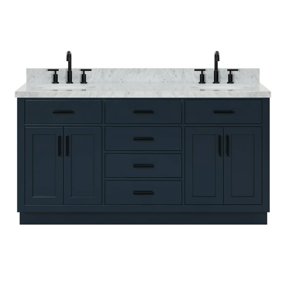 Ariel Hepburn 67 Inch Double Oval Sink Vanity With Carrara White Marble Countertop With 1.5 Edge In Midnight Blue