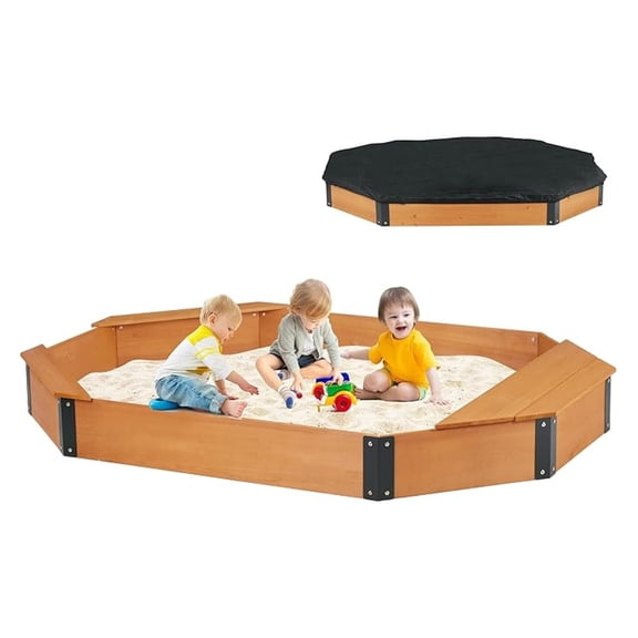 75.5''x53''x8.5'' Wooden Octagon Sandbox with Storage, Large Sandpit with Cover for Kids Outdoor Patio Backyard Play, Easy & Quick Assemble